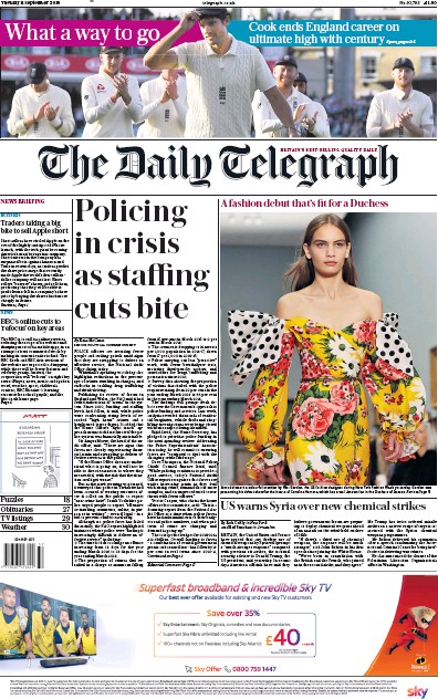 The Daily Telegraph (UK) Newspaper Front Page for 11 September 2018