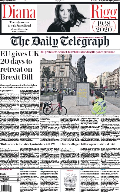 The Daily Telegraph (UK) Newspaper Front Page for 11 September 2020