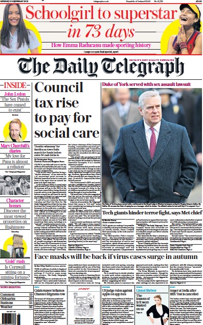 The Daily Telegraph (UK) Newspaper Front Page for 11 September 2021