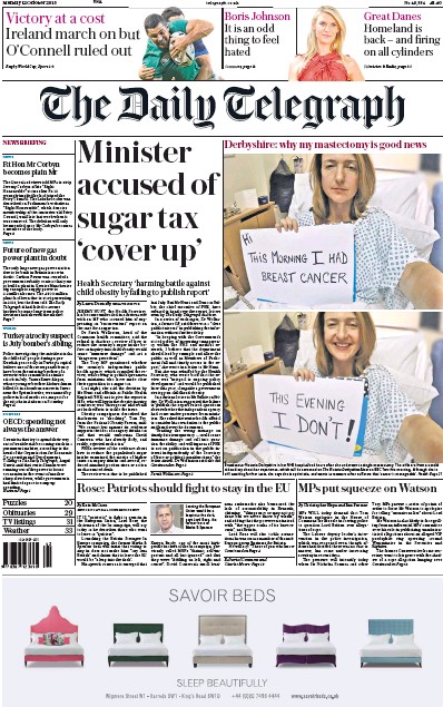 The Daily Telegraph (UK) Newspaper Front Page for 12 October 2015