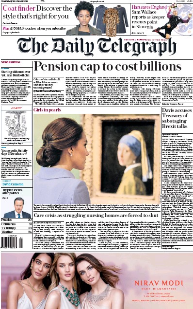 The Daily Telegraph Newspaper Front Page for 12 October 2016