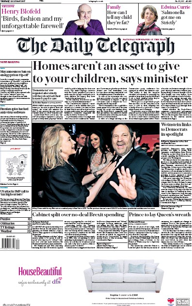 The Daily Telegraph Newspaper Front Page for 12 October 2017