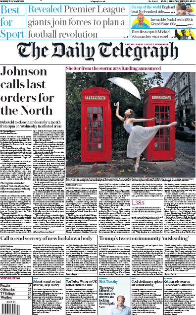 The Daily Telegraph (UK) Newspaper Front Page for 12 October 2020