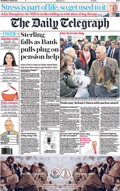 The Daily Telegraph (UK) Newspaper Front Page for 12 October 2022
