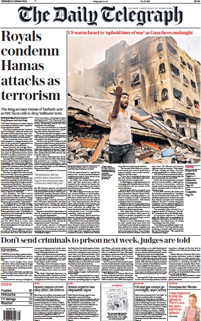 The Daily Telegraph (UK) Newspaper Front Page for 12 October 2023