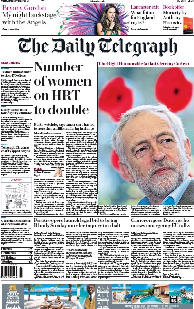 The Daily Telegraph Newspaper Front Page for 12 November 2015