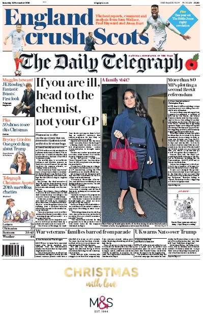 The Daily Telegraph Newspaper Front Page for 12 November 2016