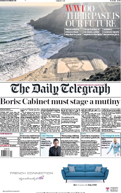 The Daily Telegraph Newspaper Front Page for 12 November 2018