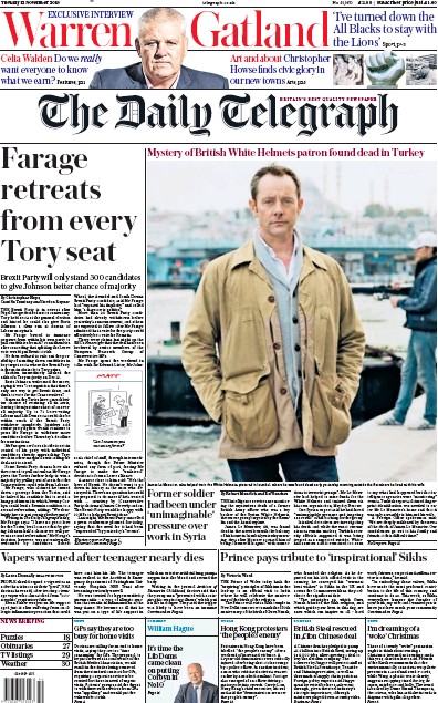 The Daily Telegraph Newspaper Front Page for 12 November 2019