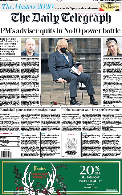 The Daily Telegraph Newspaper Front Page for 12 November 2020