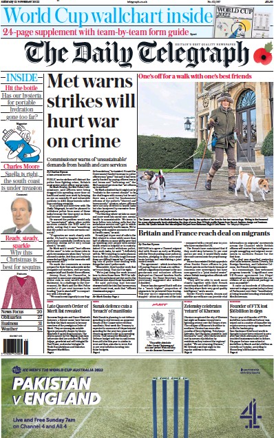The Daily Telegraph (UK) Newspaper Front Page for 12 November 2022