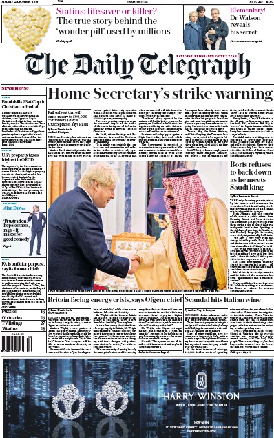 The Daily Telegraph Newspaper Front Page for 12 December 2016