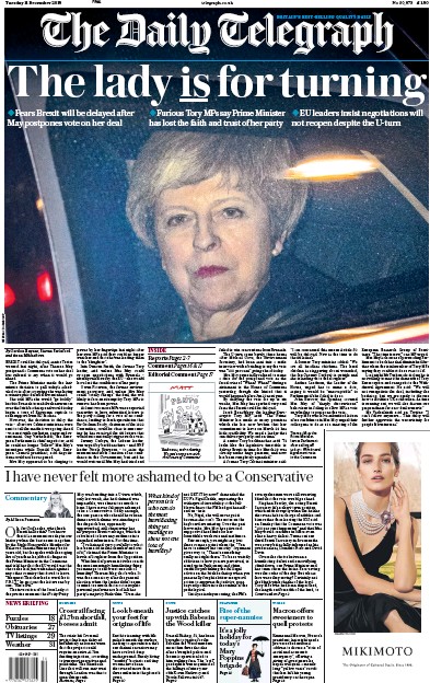 The Daily Telegraph Newspaper Front Page for 12 December 2018