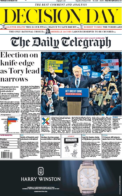 The Daily Telegraph Newspaper Front Page for 12 December 2019