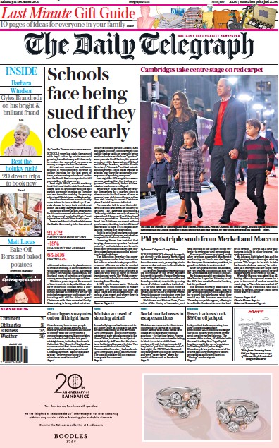 The Daily Telegraph Newspaper Front Page for 12 December 2020