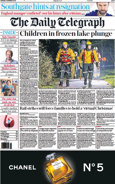 The Daily Telegraph Newspaper Front Page for 12 December 2022