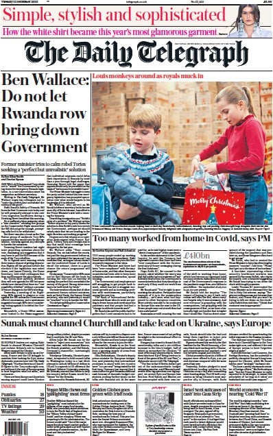 The Daily Telegraph Newspaper Front Page for 12 December 2023