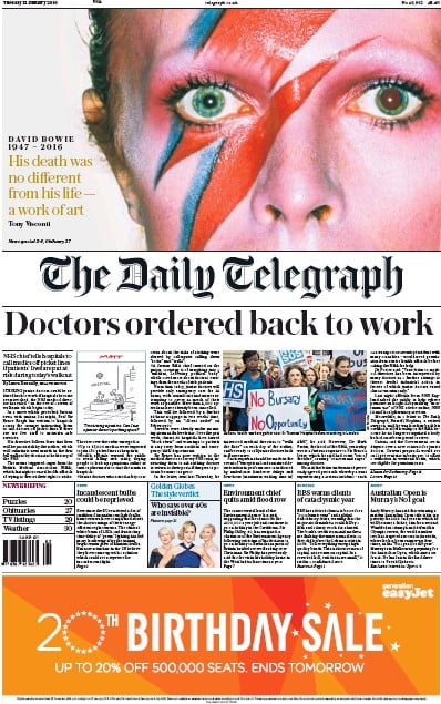 The Daily Telegraph Newspaper Front Page for 12 January 2016