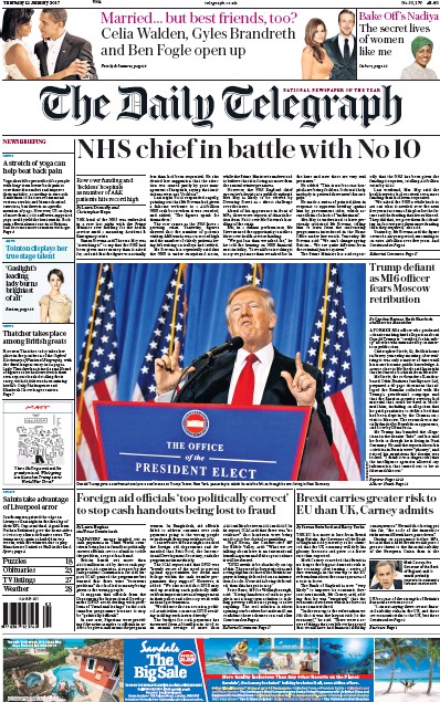 The Daily Telegraph Newspaper Front Page for 12 January 2017