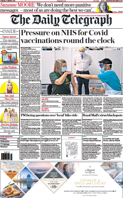 The Daily Telegraph (UK) Newspaper Front Page for 12 January 2021