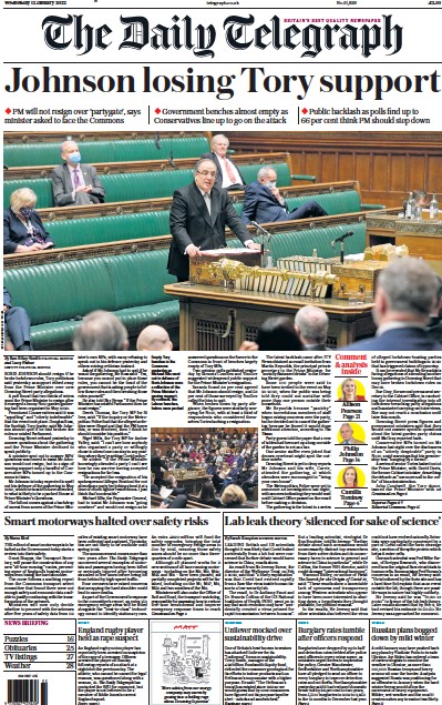 The Daily Telegraph (UK) Newspaper Front Page for 12 January 2022