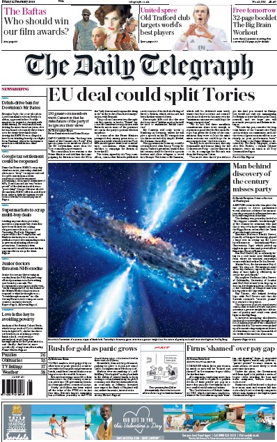 The Daily Telegraph Newspaper Front Page for 12 February 2016