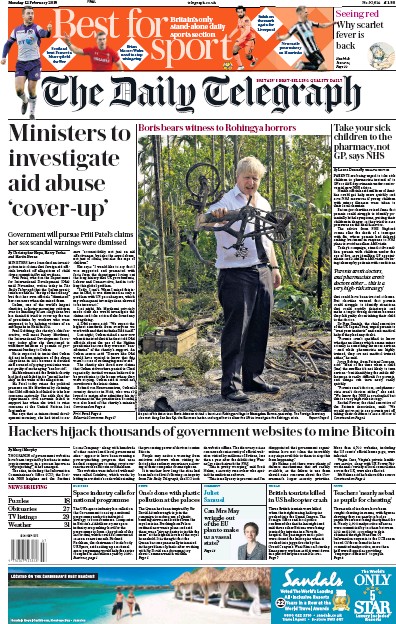The Daily Telegraph Newspaper Front Page for 12 February 2018