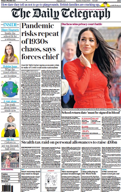 The Daily Telegraph Newspaper Front Page for 12 February 2021
