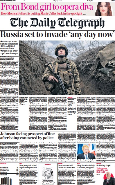 The Daily Telegraph Newspaper Front Page for 12 February 2022