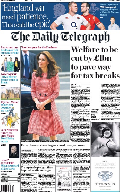 The Daily Telegraph Newspaper Front Page for 12 March 2016