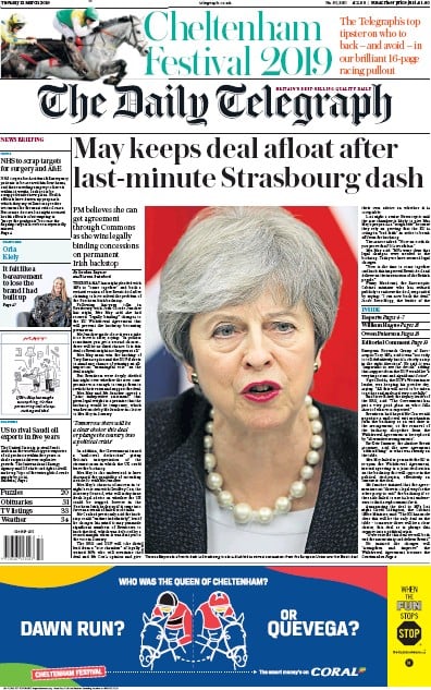 The Daily Telegraph Newspaper Front Page for 12 March 2019