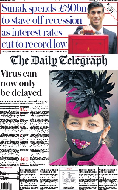 The Daily Telegraph Newspaper Front Page for 12 March 2020