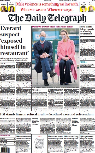 The Daily Telegraph (UK) Newspaper Front Page for 12 March 2021