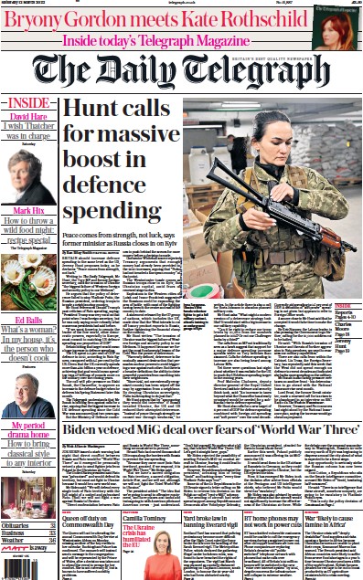 The Daily Telegraph Newspaper Front Page for 12 March 2022