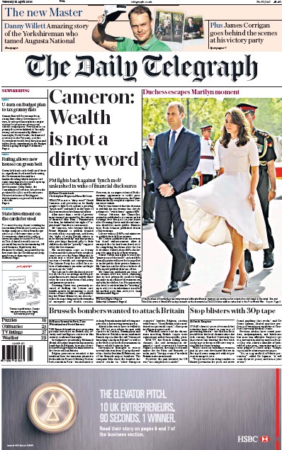 The Daily Telegraph (UK) Newspaper Front Page for 12 April 2016