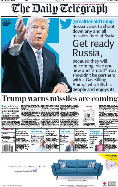 The Daily Telegraph Newspaper Front Page for 12 April 2018