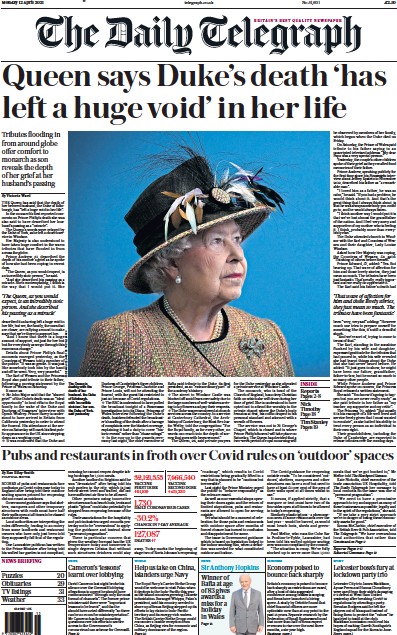 The Daily Telegraph (UK) Newspaper Front Page for 12 April 2021