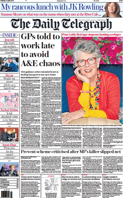 The Daily Telegraph Newspaper Front Page for 12 April 2022
