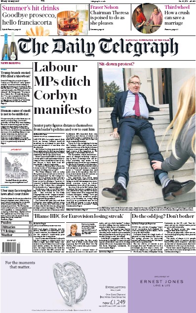 The Daily Telegraph Newspaper Front Page for 12 May 2017