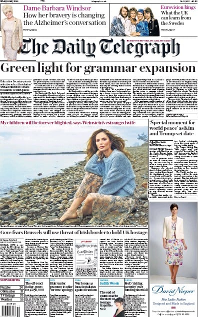 The Daily Telegraph Newspaper Front Page for 12 May 2018