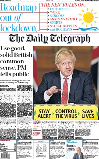 The Daily Telegraph (UK) Newspaper Front Page for 12 May 2020