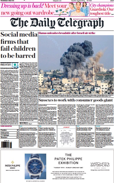 The Daily Telegraph Newspaper Front Page for 12 May 2021