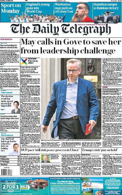 The Daily Telegraph (UK) Newspaper Front Page for 12 June 2017