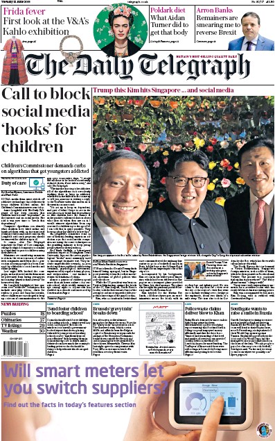 The Daily Telegraph Newspaper Front Page for 12 June 2018