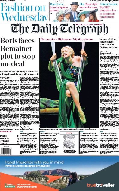 The Daily Telegraph Newspaper Front Page for 12 June 2019