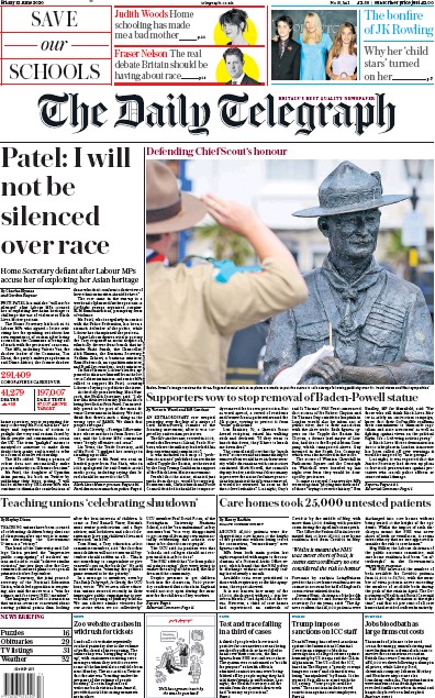 The Daily Telegraph Newspaper Front Page for 12 June 2020
