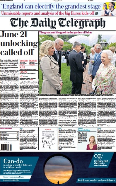 The Daily Telegraph (UK) Newspaper Front Page for 12 June 2021
