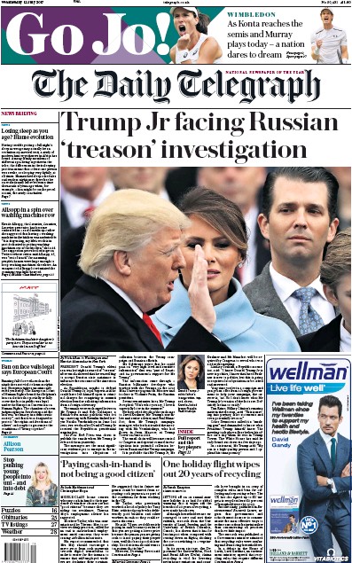 The Daily Telegraph Newspaper Front Page for 12 July 2017