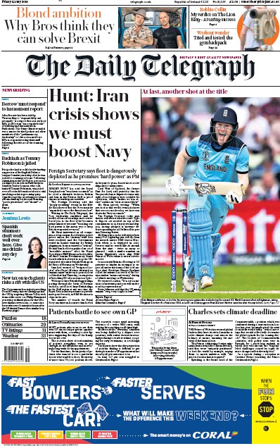 The Daily Telegraph (UK) Newspaper Front Page for 12 July 2019