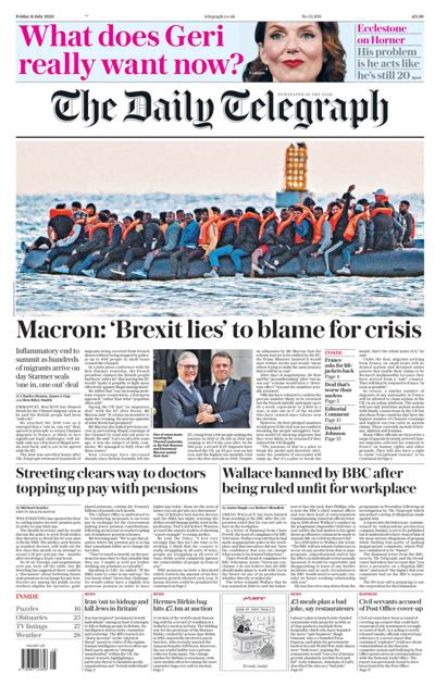 The Daily Telegraph (UK) Newspaper Front Page for 12 July 2025